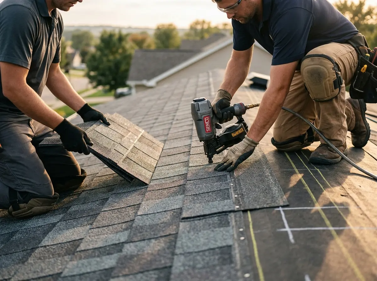 Professional roofer working on a residential roof in Saratoga